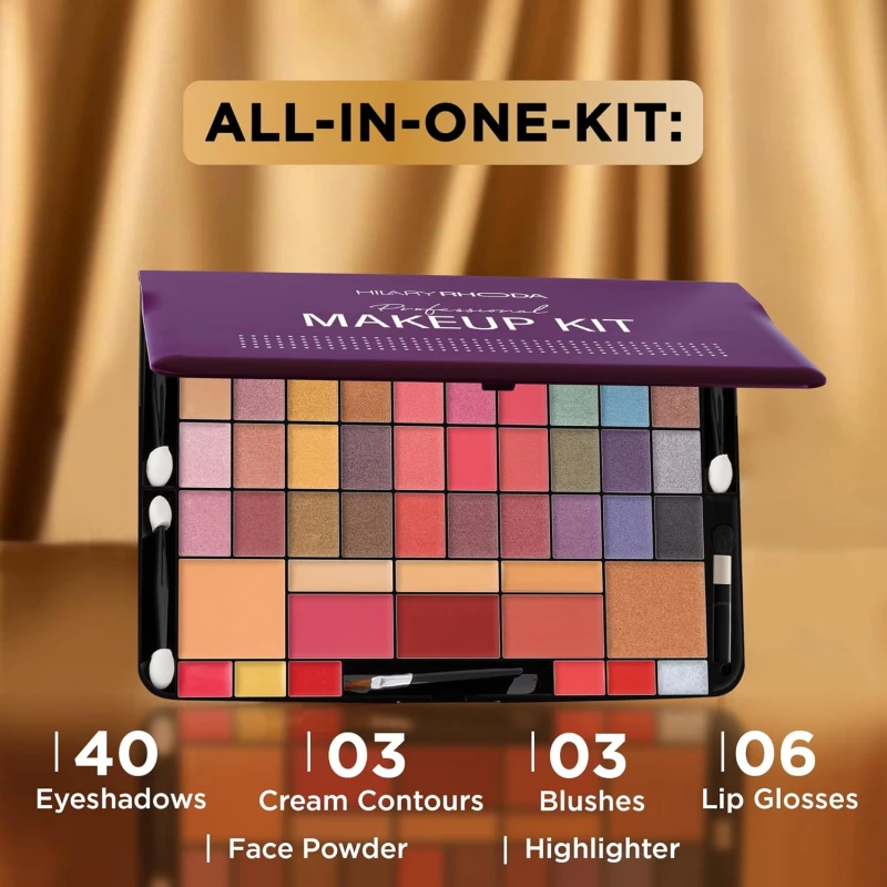 Hilary Rhoda Professional Makeup Kit | 40 Eyeshadows | Highlighter | Face Powder | 3 Contour & 3 Blushes | 6 Lip Glosses | Makeup Kit for Women | Highly Pigmented | 4 Brushes - 74g (Multicolor Shade-1) thumbnail 4